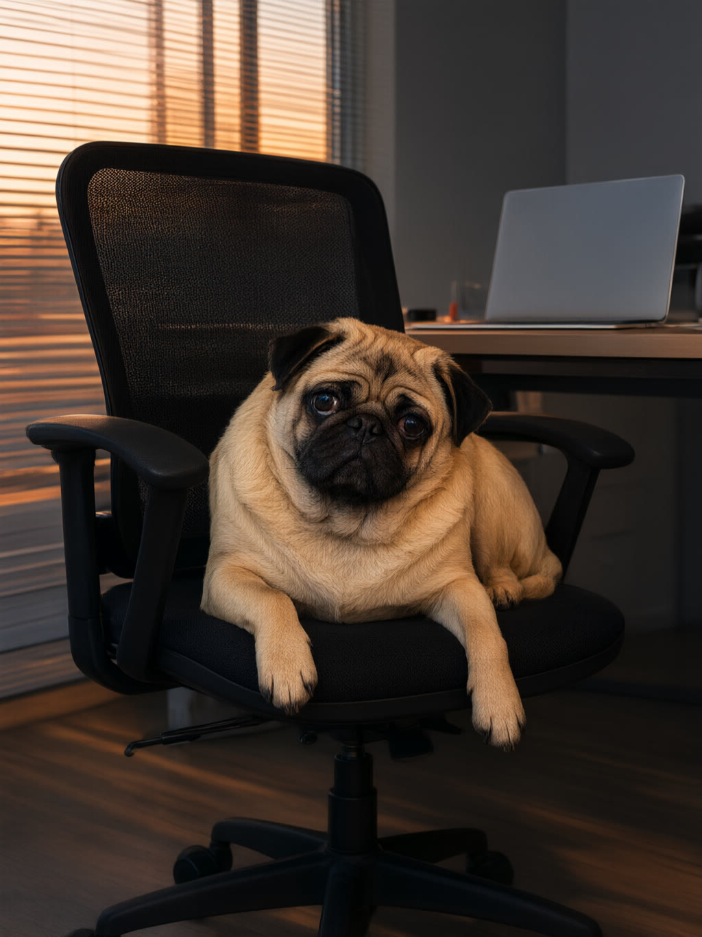 Office: Laptop open. Ambition closed.