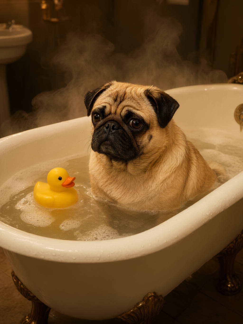 Tub: Steam works. He observes.