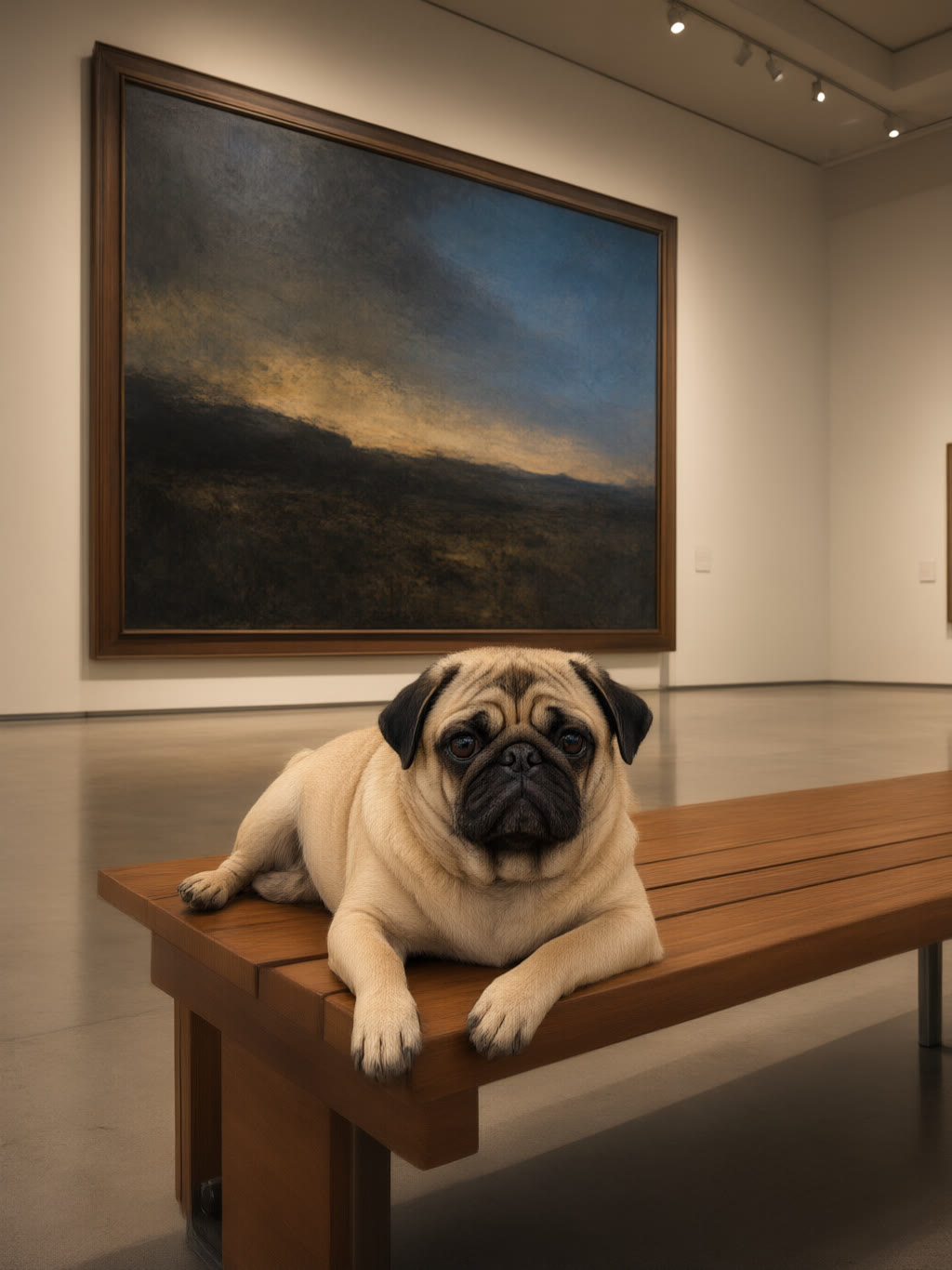 Museum: Art hangs. He sits.