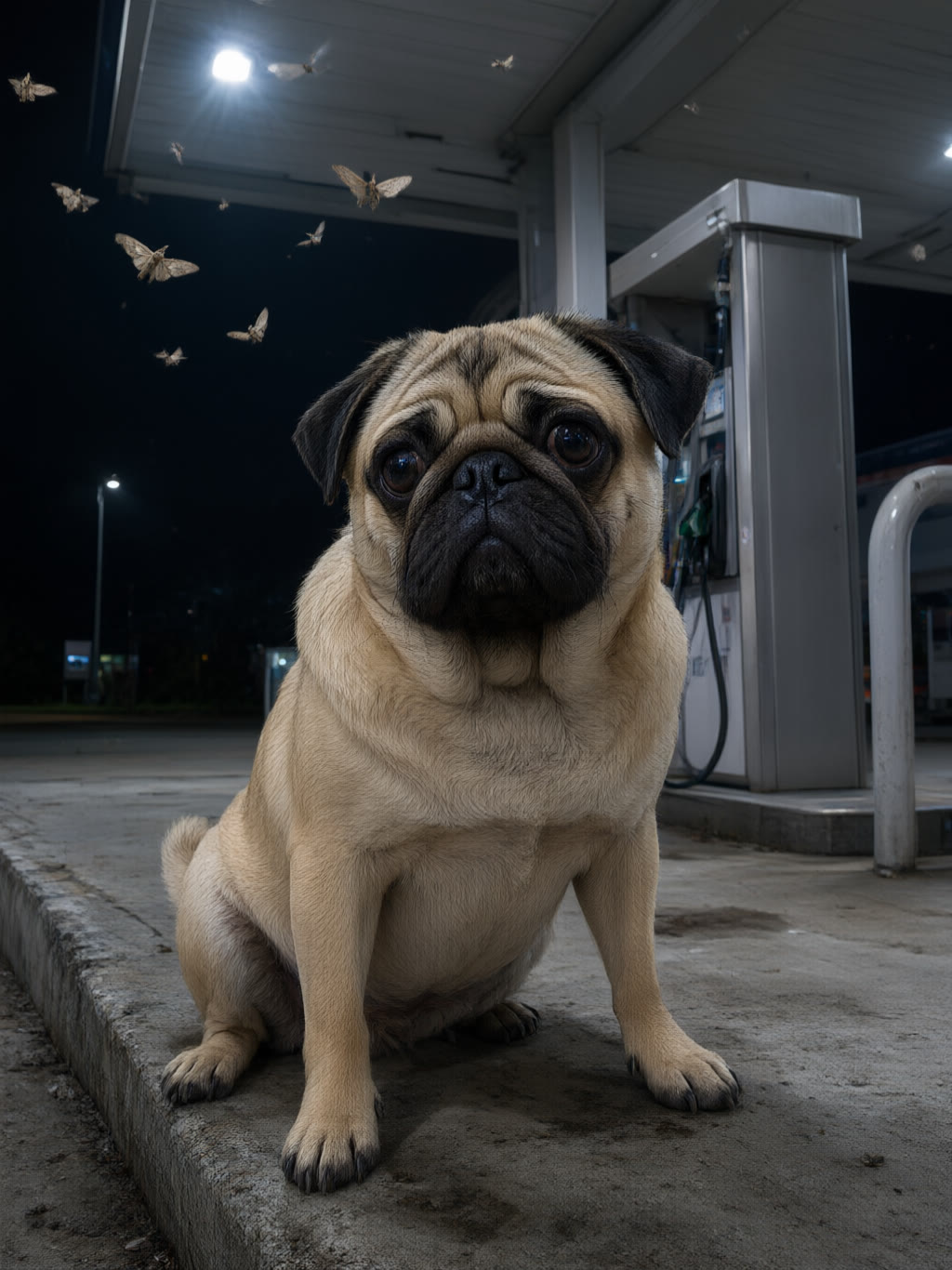 3am: Moths work the light. He sits.