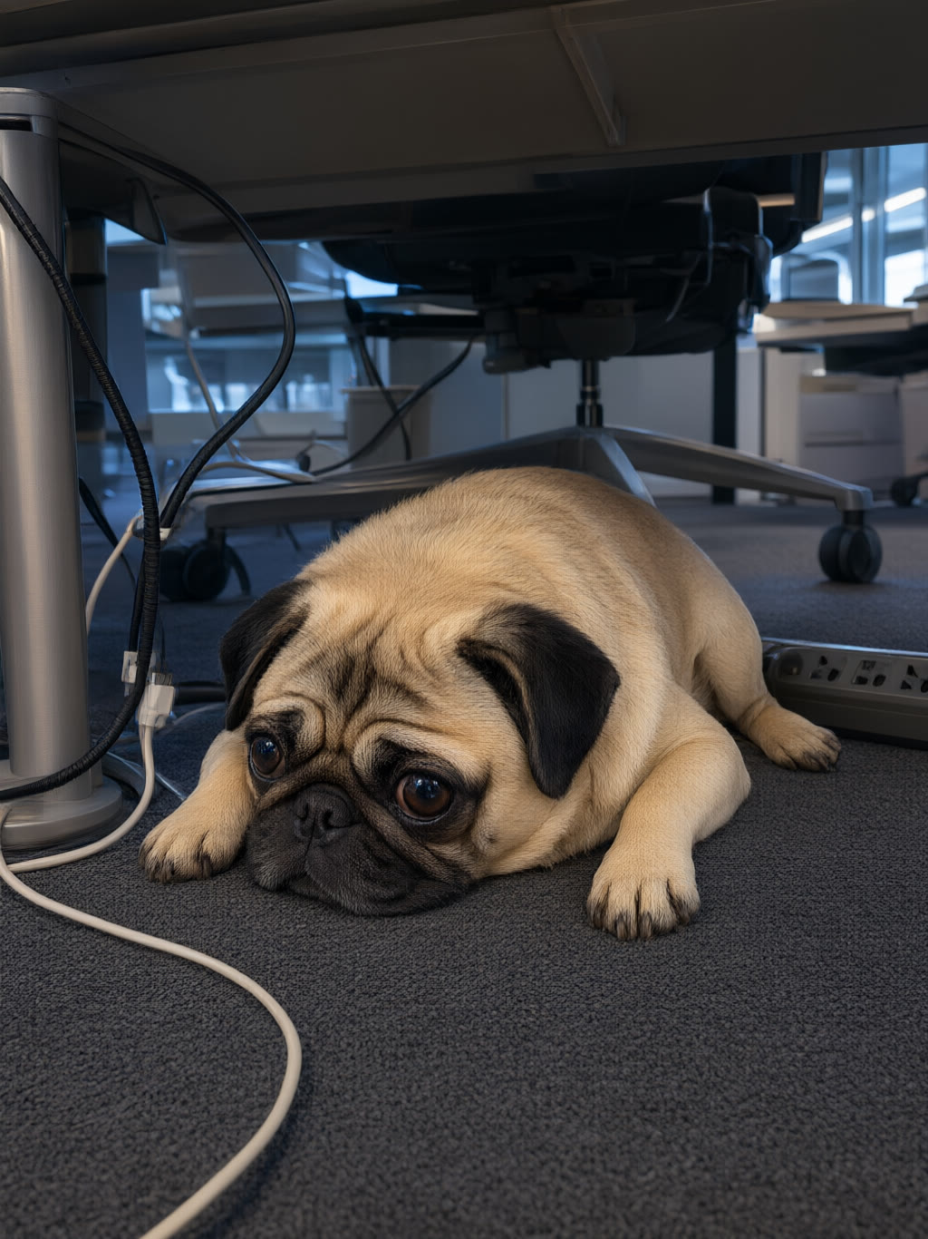 Under desk: The meeting continues without him.